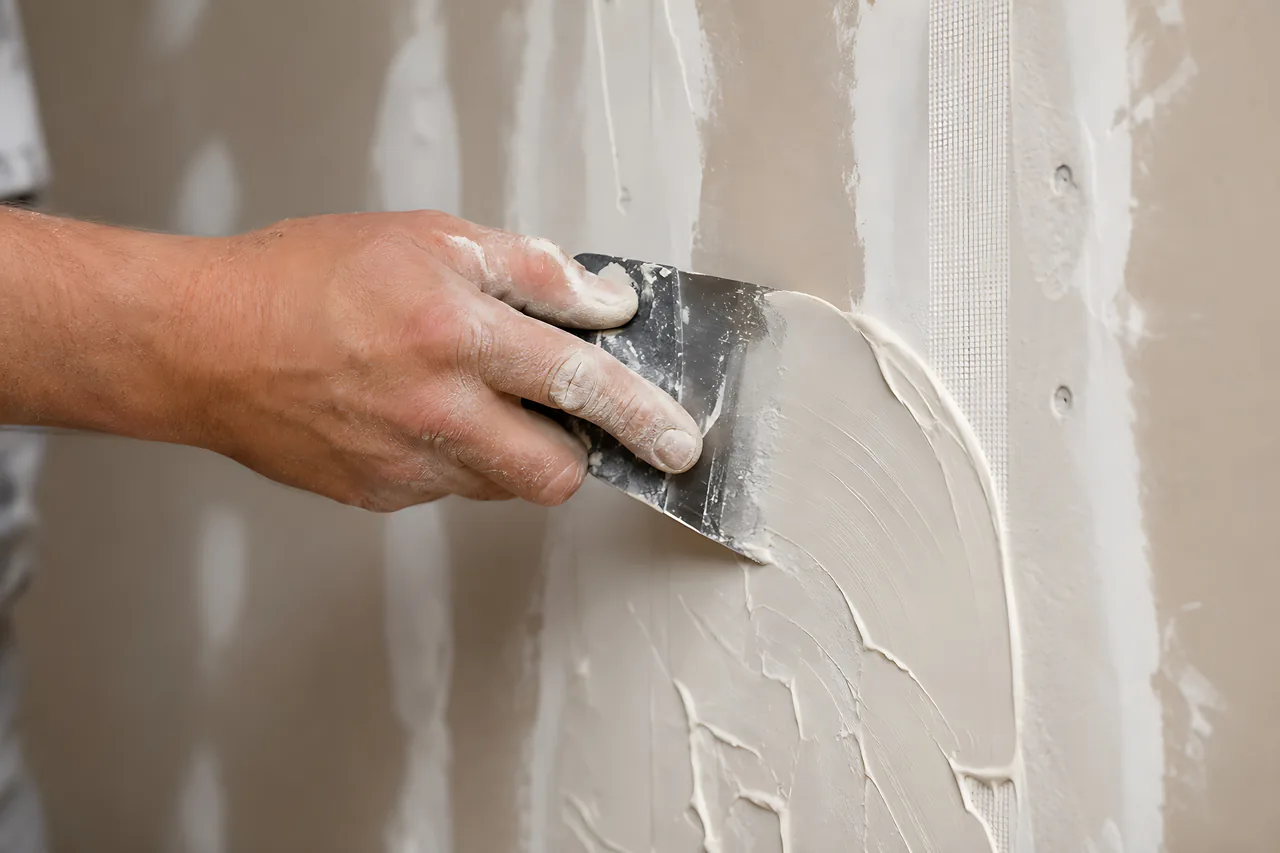 Applying joint compound to drywall. Illustrative stock photo.